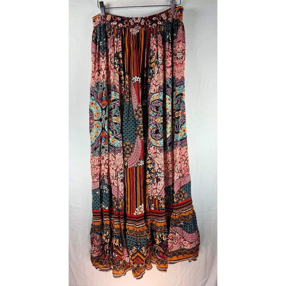 Boho Mixed Print High Low Maxi Skirt with Embroidered Beaded Waistband Viscose - Picture 9 of 9